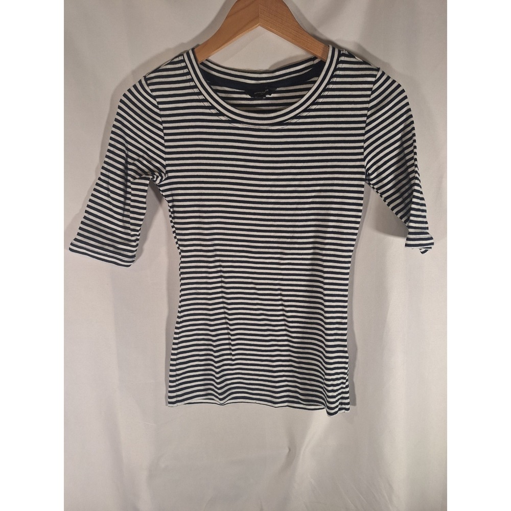Banana Republic Womens XS Navy Blue White Striped Ribbed Elbow Sleeve Top Shirt